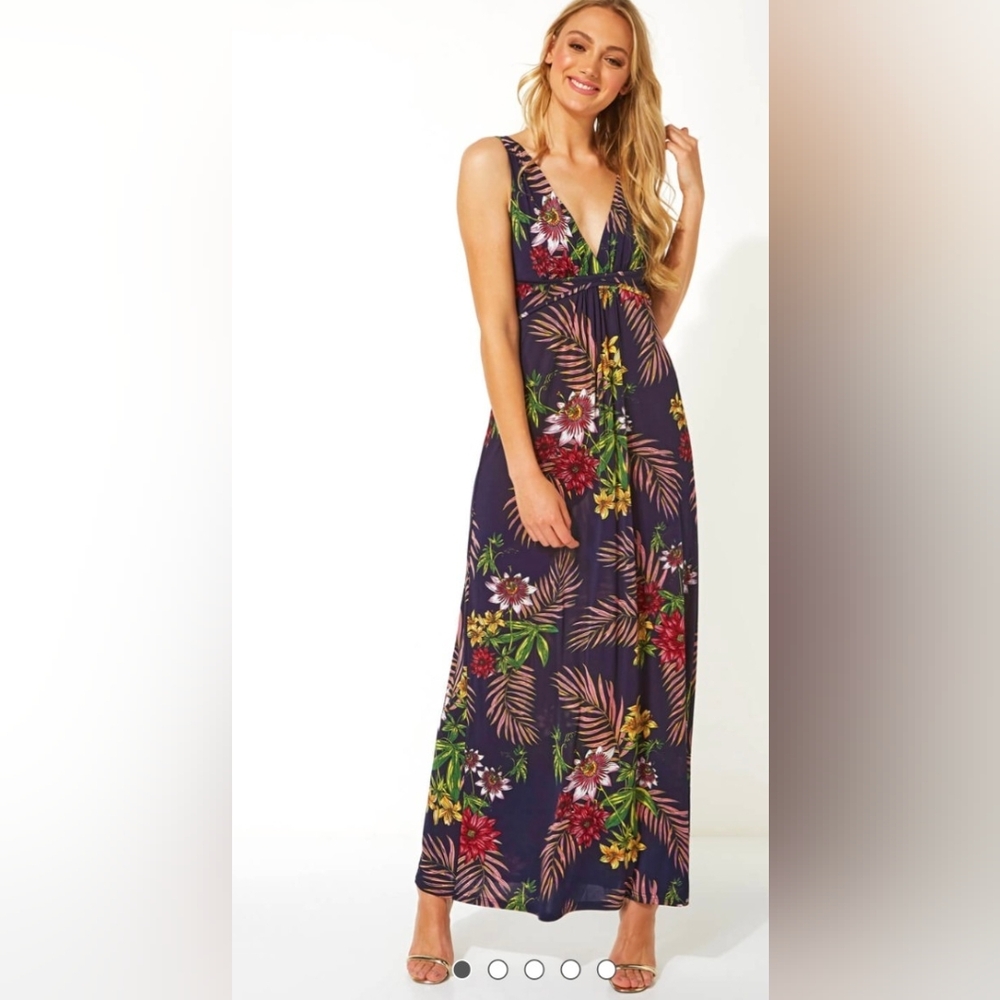 Suzy Shier Dark Blue Tropical Maxi Dress